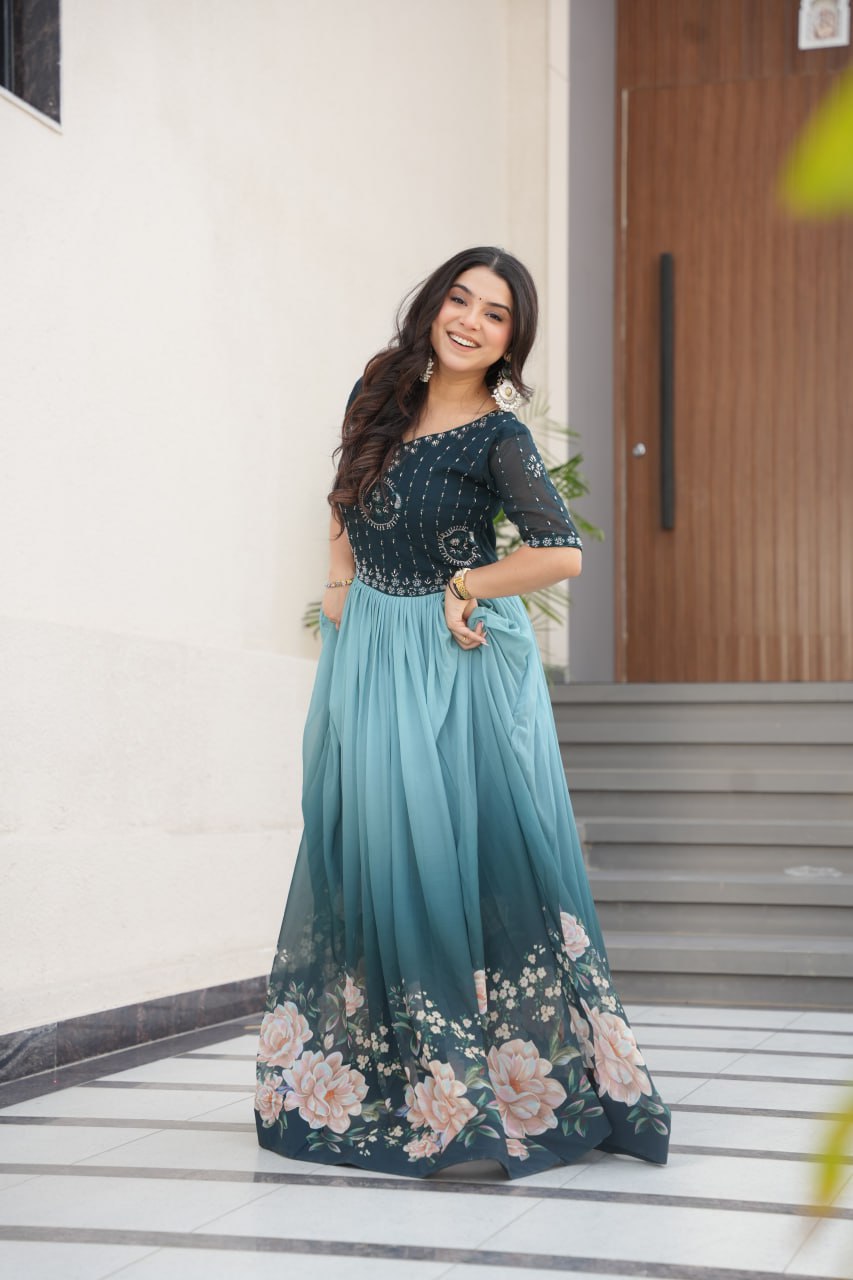 Women's Elegant Teal & Aqua Ombre Gown with Floral Printed Flair & Embellished Bodice β Perfect for Summer Festivities & Parties - Image 4