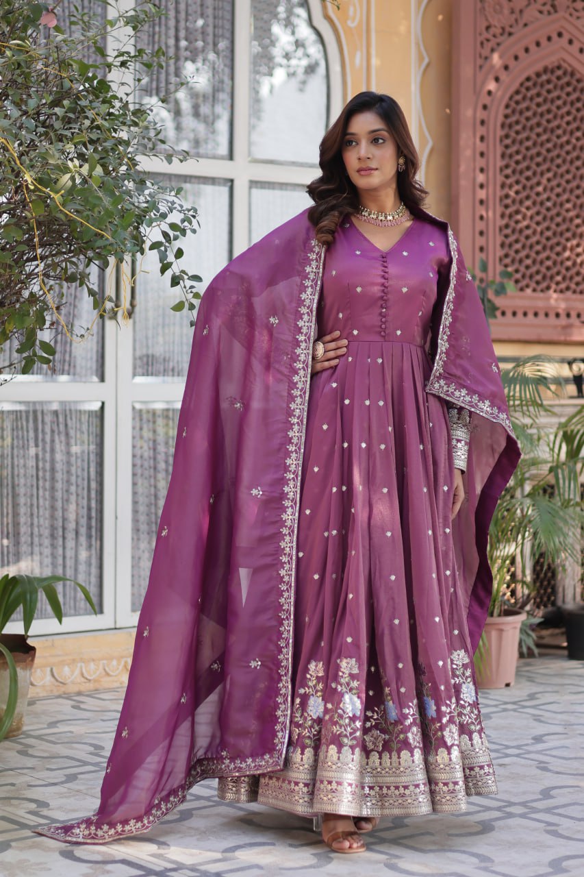 Women's Festive Rust Red Anarkali Gown with Intricate Silver Zari & Sequin Embroidery β Complete with Embroidered Dupatta - Image 5