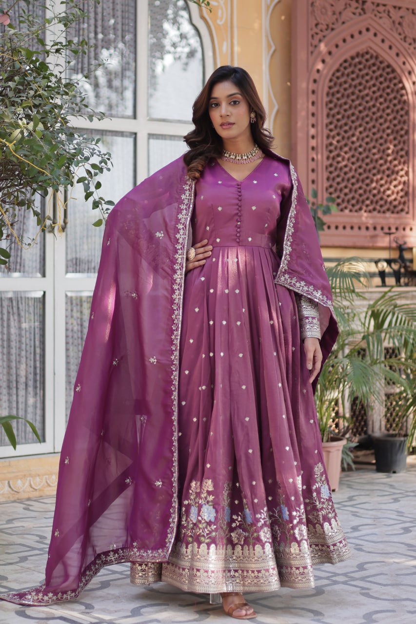 Women's Festive Rust Red Anarkali Gown with Intricate Silver Zari & Sequin Embroidery β Complete with Embroidered Dupatta - Image 6