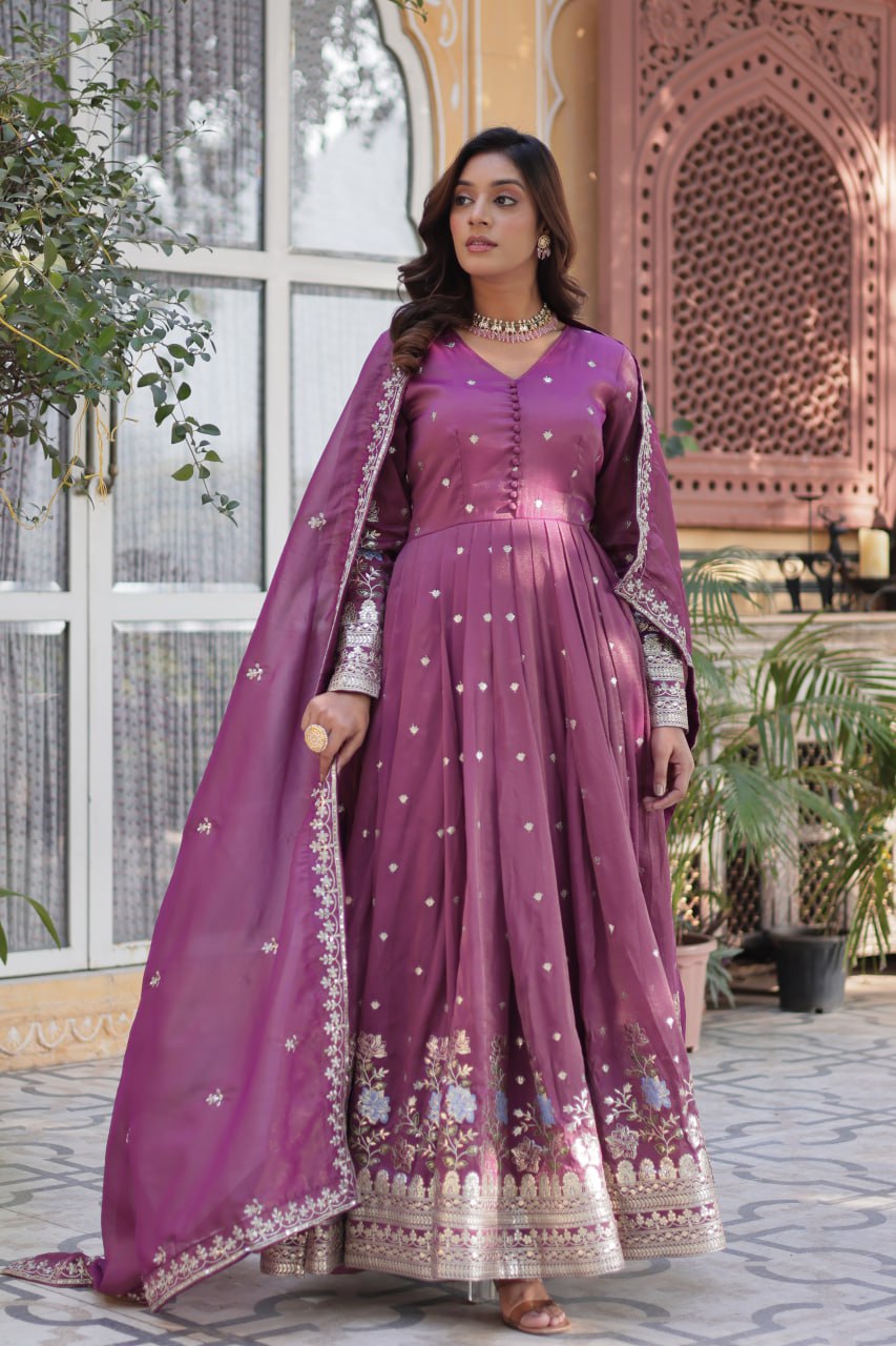 Women's Festive Rust Red Anarkali Gown with Intricate Silver Zari & Sequin Embroidery β Complete with Embroidered Dupatta - Image 7