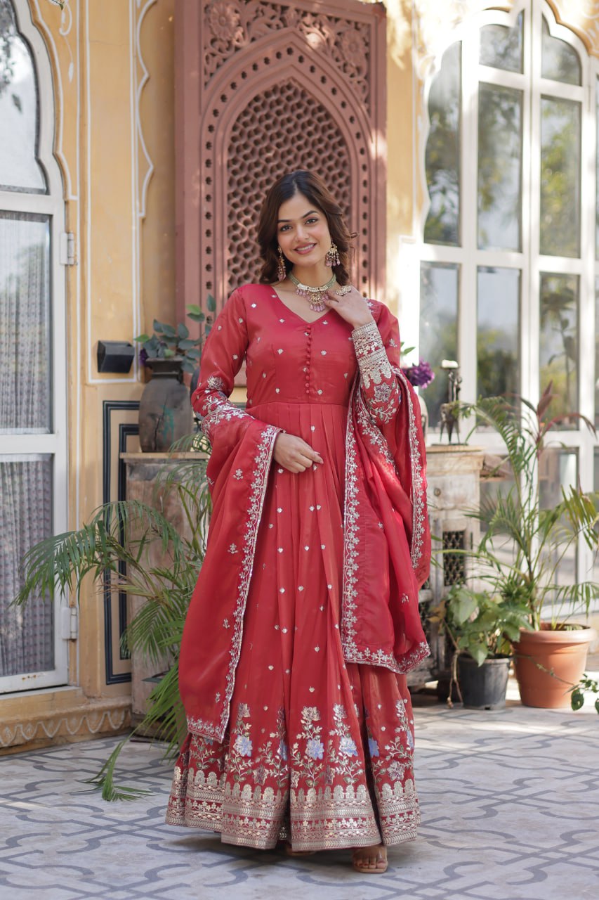 Women's Festive Rust Red Anarkali Gown with Intricate Silver Zari & Sequin Embroidery β Complete with Embroidered Dupatta - Image 3