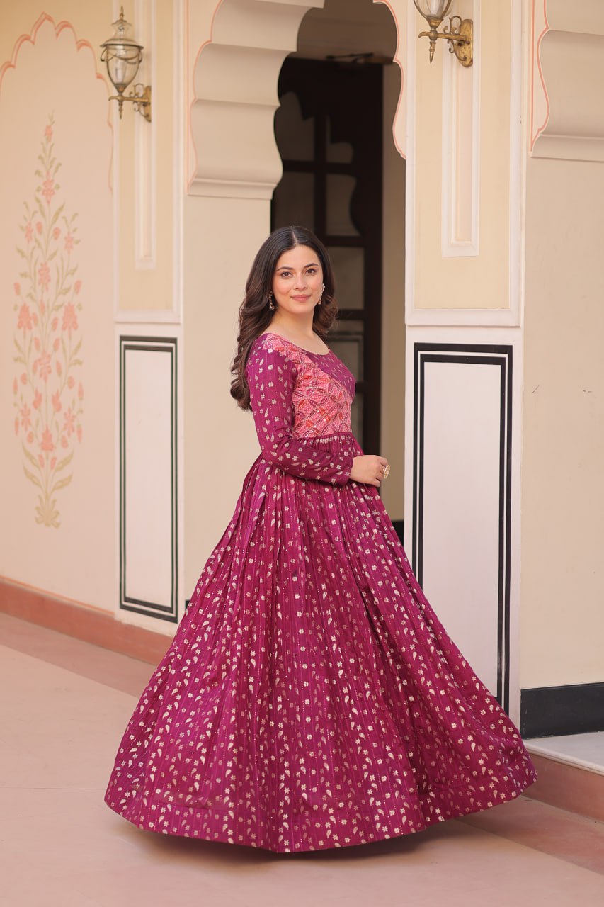 Women's Festive Berry Purple Printed Anarkali Gown with Intricate Zari Work & Embellished Yoke β Perfect for Traditional & Celebration Wear - Image 7